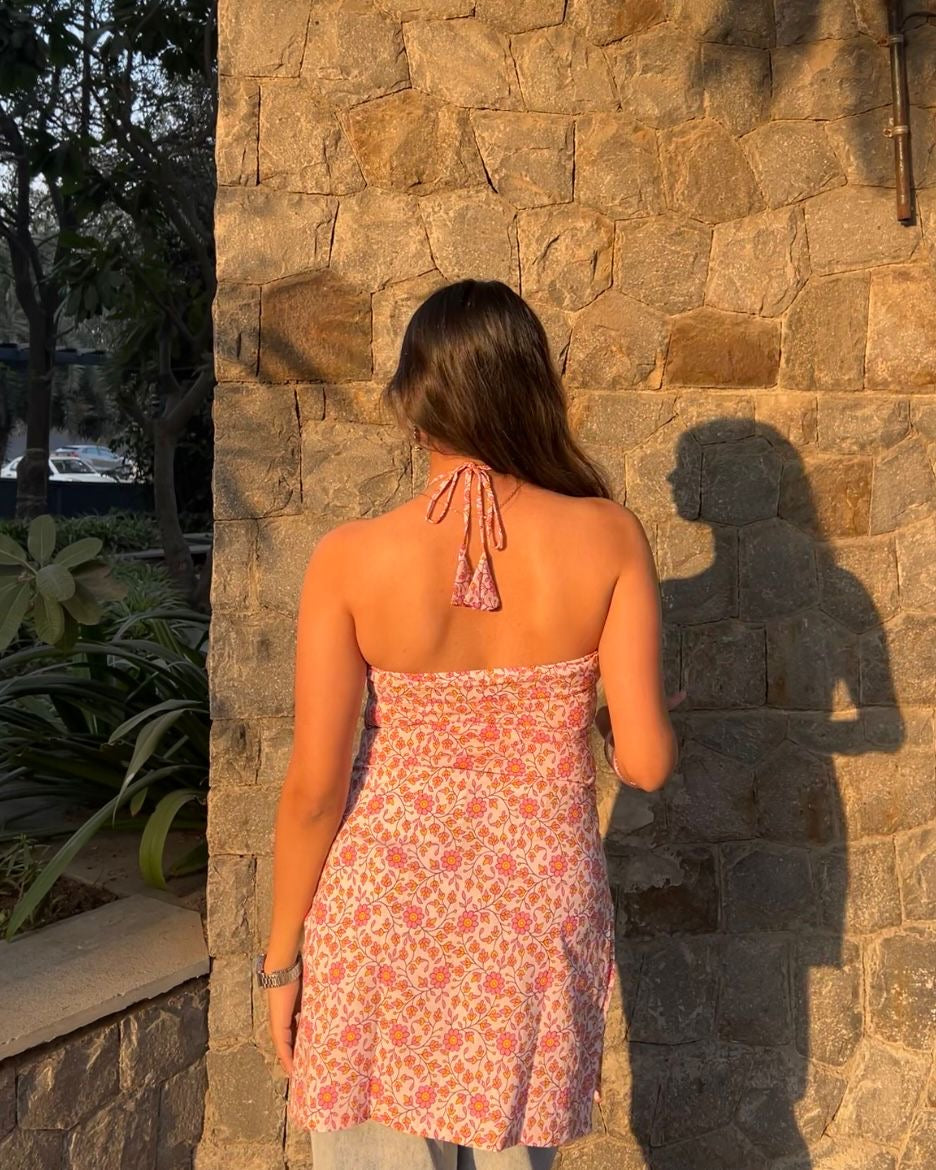 बेबो Kurti 🌸 (Playful Pink Floral Halter Kurti)