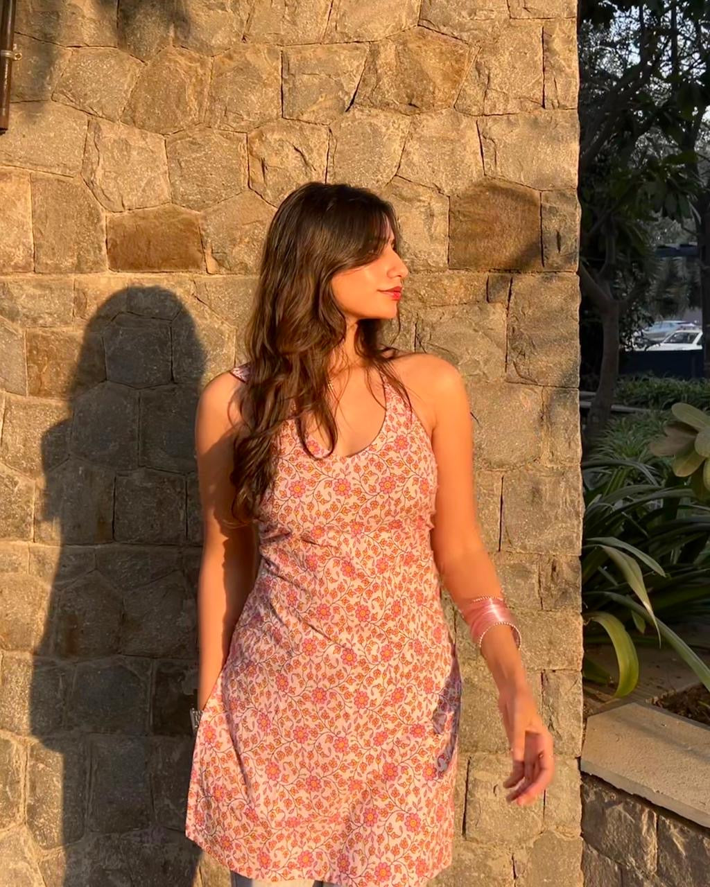 बेबो Kurti 🌸 (Playful Pink Floral Halter Kurti)