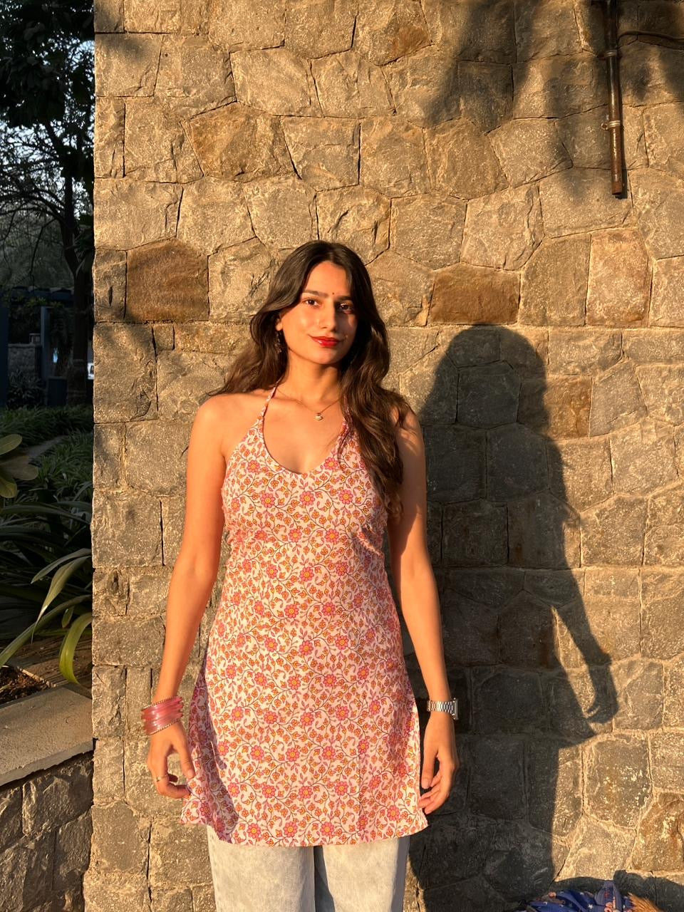 बेबो Kurti 🌸 (Playful Pink Floral Halter Kurti)