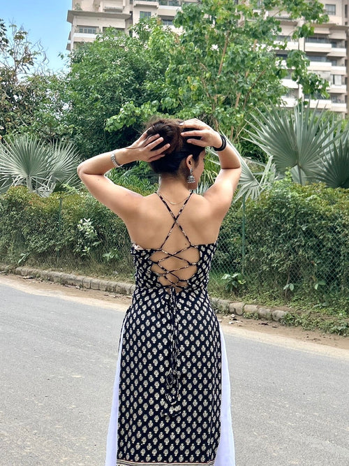 ग़ज़ल Kurti 🎶 (Midnight Bagru Halter Kurti)