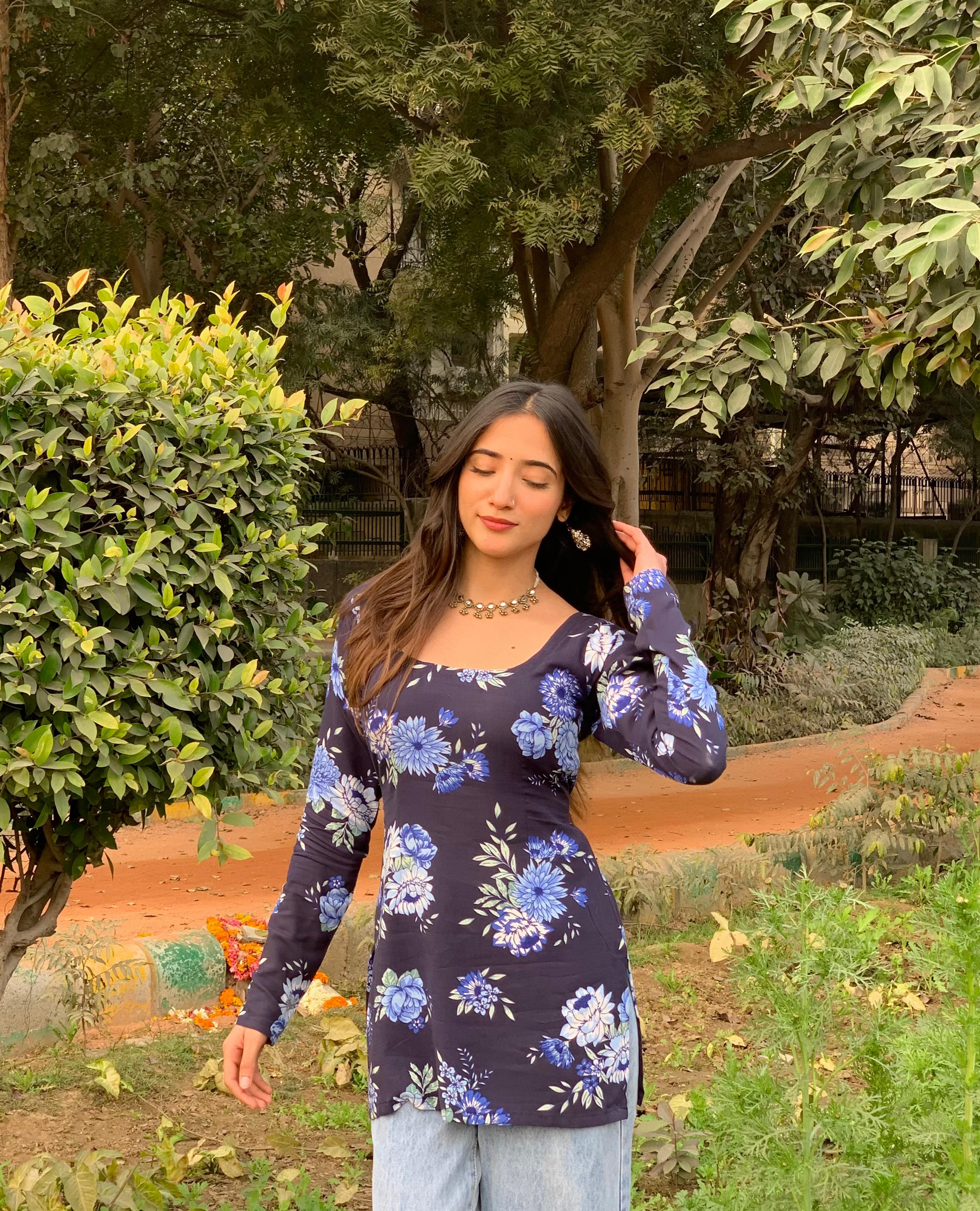 झील Kurti 🌊 (Lake Blue Floral Long Sleeve Kurti)