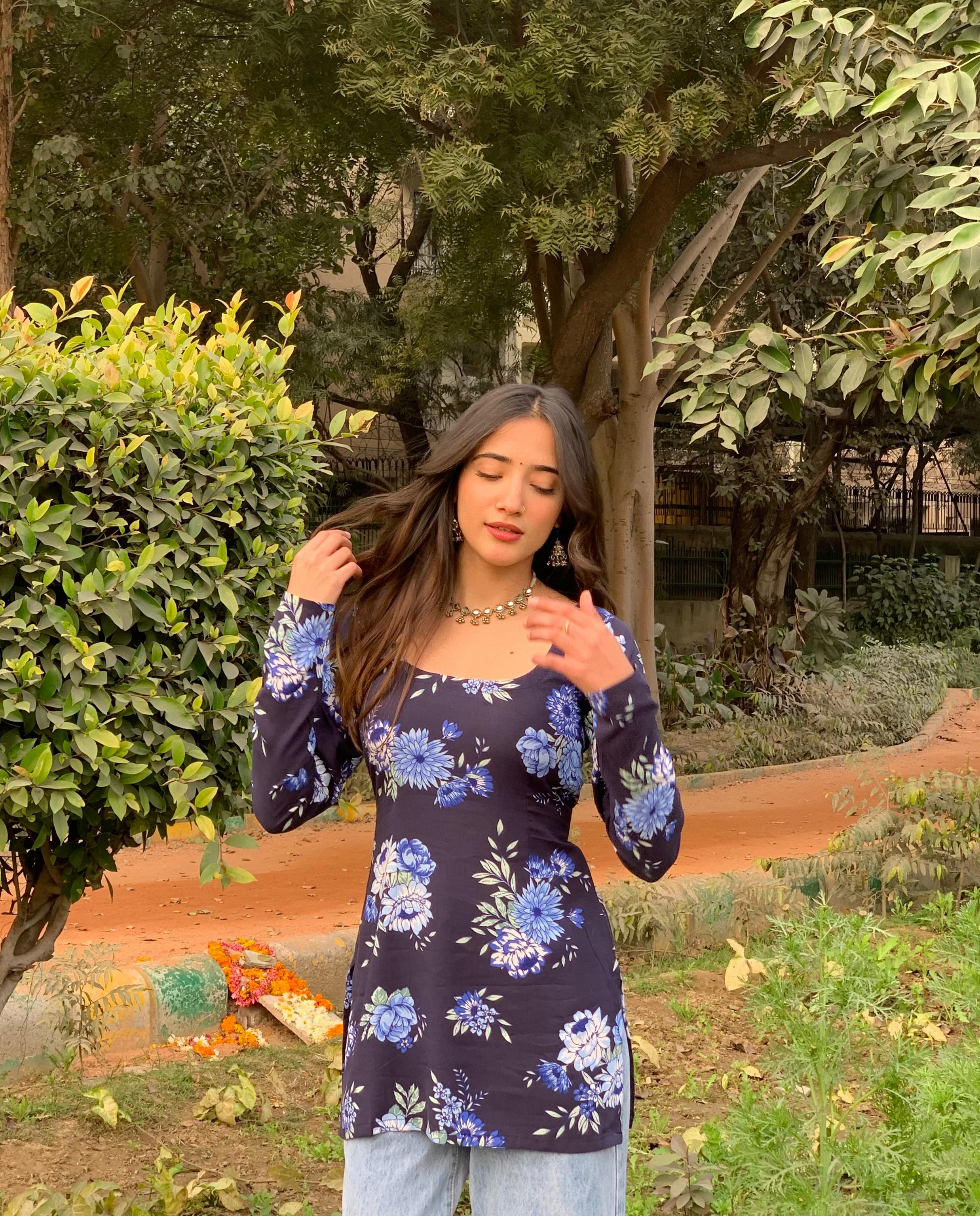 झील Kurti 🌊 (Lake Blue Floral Long Sleeve Kurti)