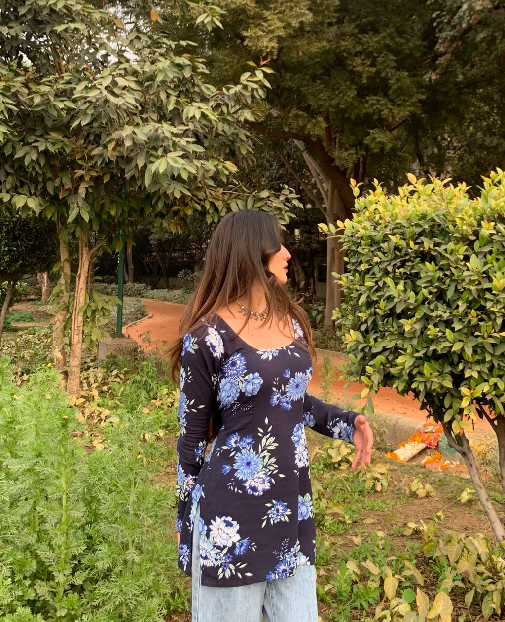 झील Kurti 🌊 (Lake Blue Floral Long Sleeve Kurti)