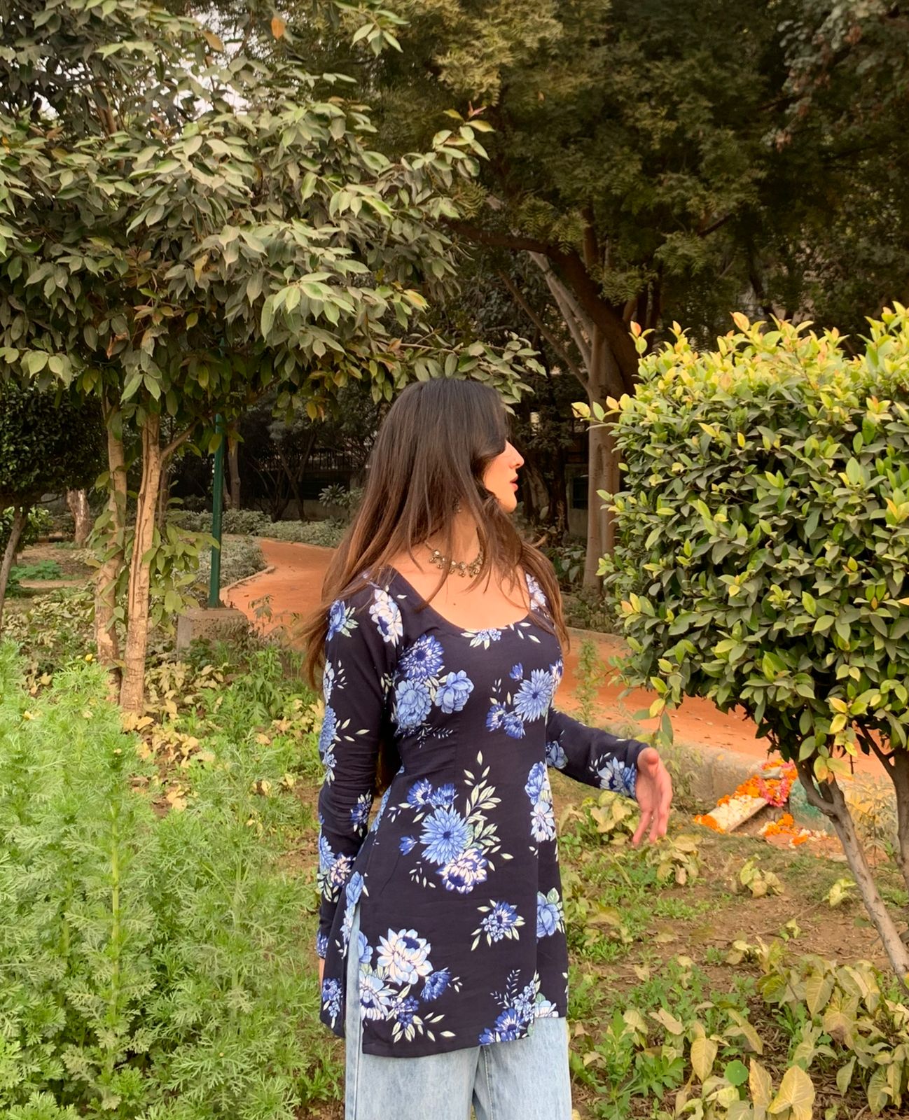 झील Kurti 🌊 (Lake Blue Floral Long Sleeve Kurti)