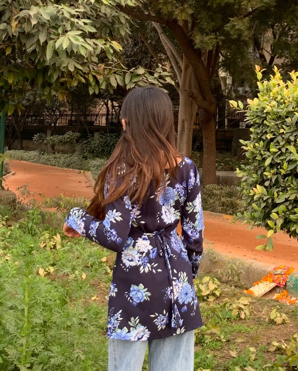 झील Kurti 🌊 (Lake Blue Floral Long Sleeve Kurti)