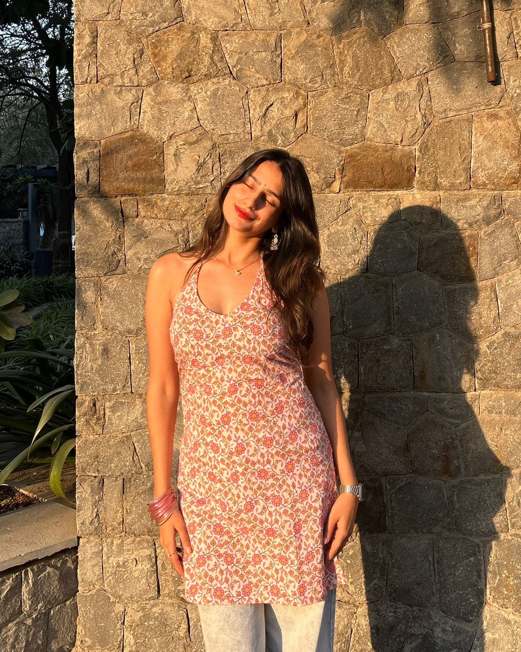 बेबो Kurti 🌸 (Playful Pink Floral Halter Kurti)