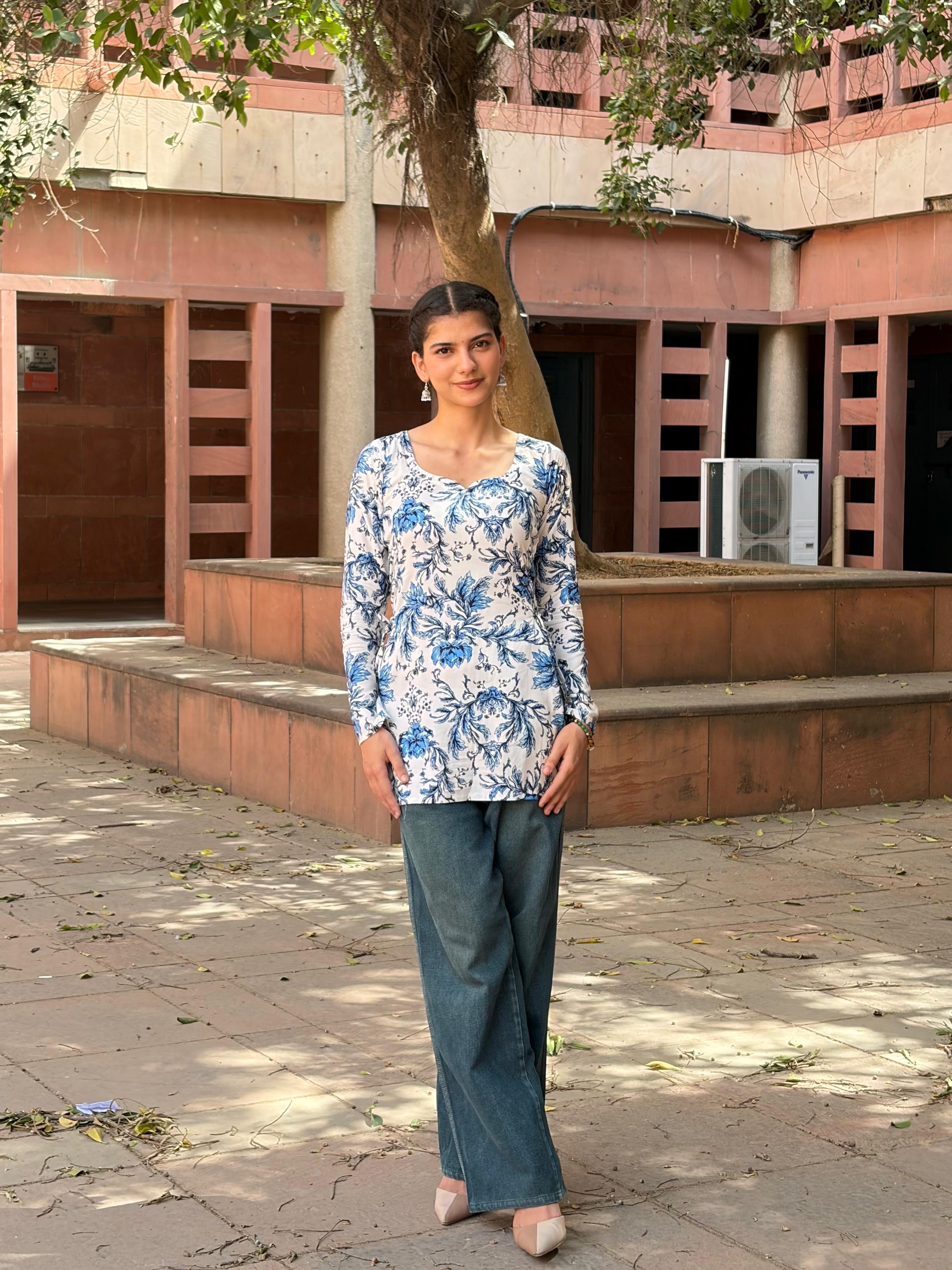 नाज़नीन Kurti 💙 (Azure Bloom Side-Tie Kurti)